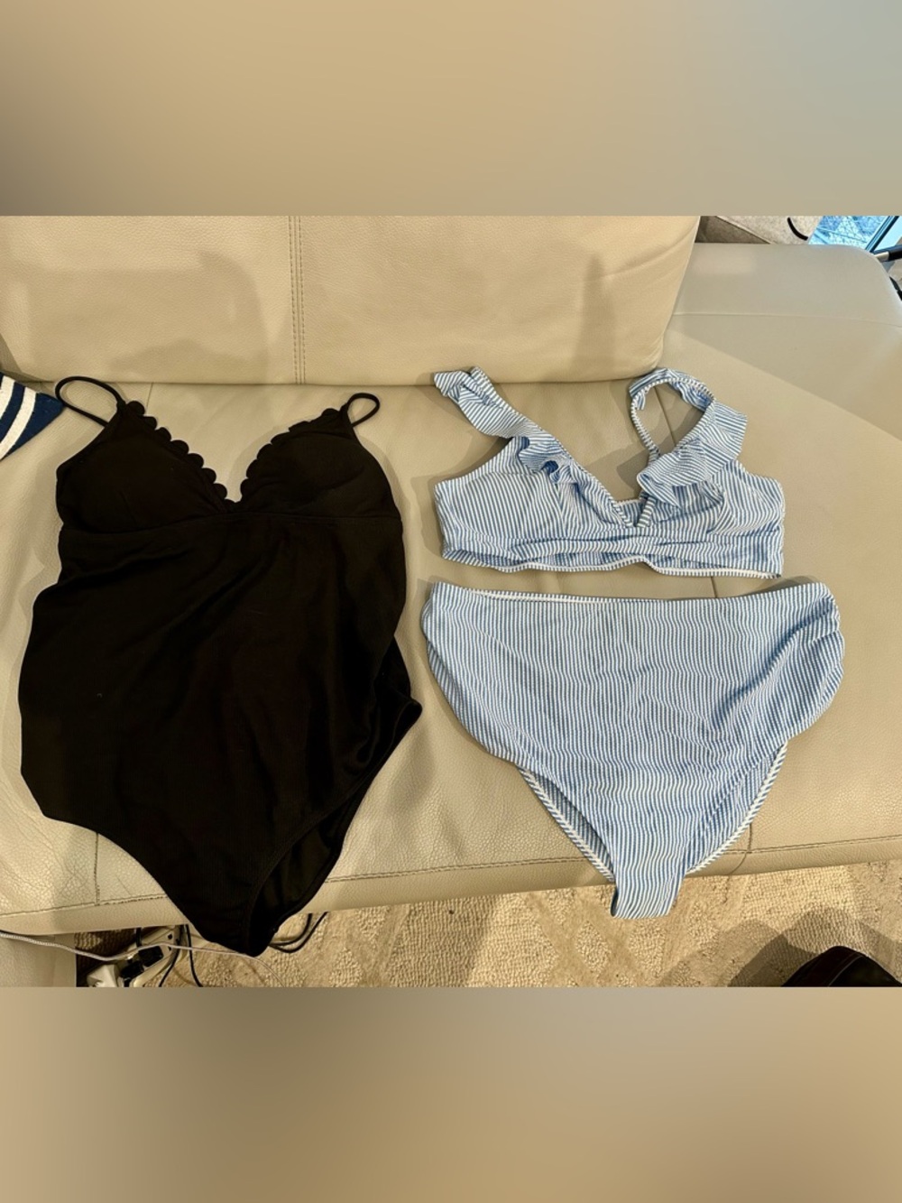 Maternity Black Scallop One-Piece Swimsuit & Blue White Striped Bikini Set